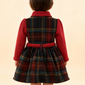 Red Plaid Holiday Dress with Ribbed Collar