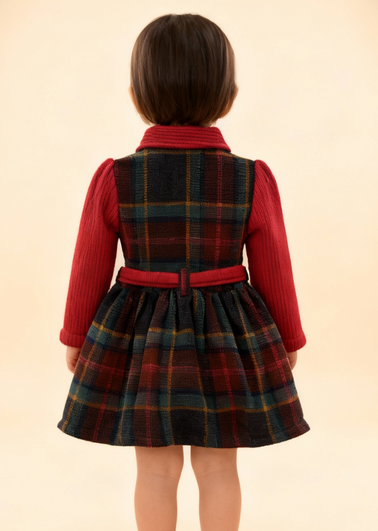 Red Plaid Holiday Dress with Ribbed Collar