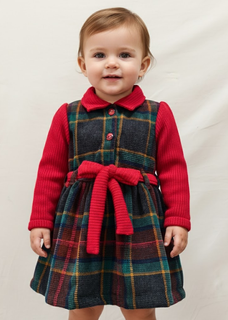 Red Plaid Holiday Dress with Ribbed Collar