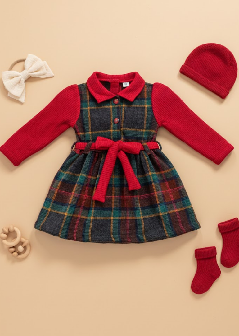 Red Plaid Holiday Dress with Ribbed Collar