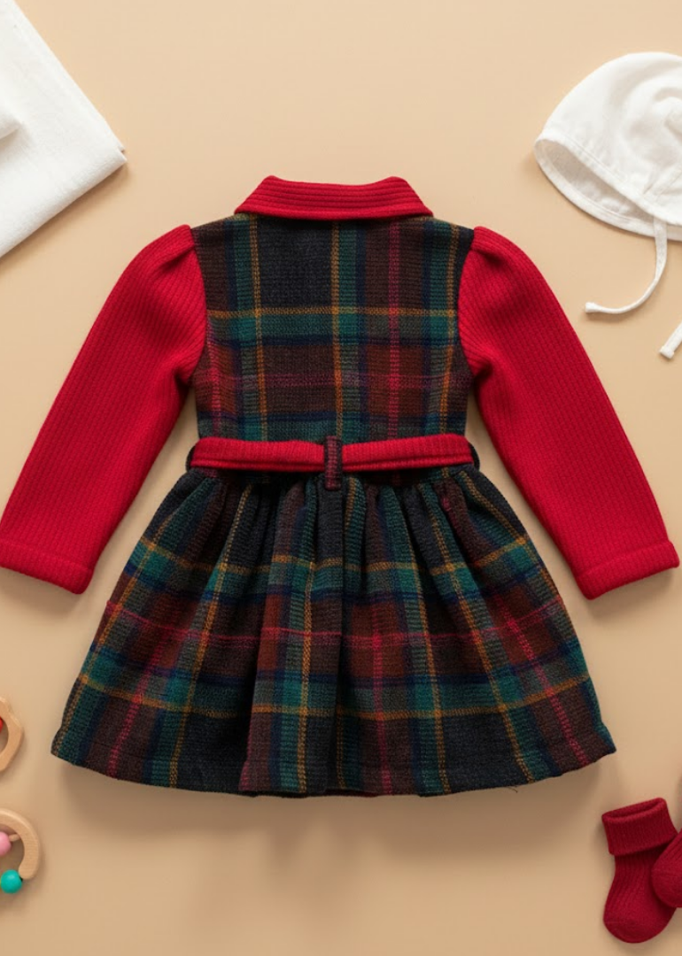 Red Plaid Holiday Dress with Ribbed Collar