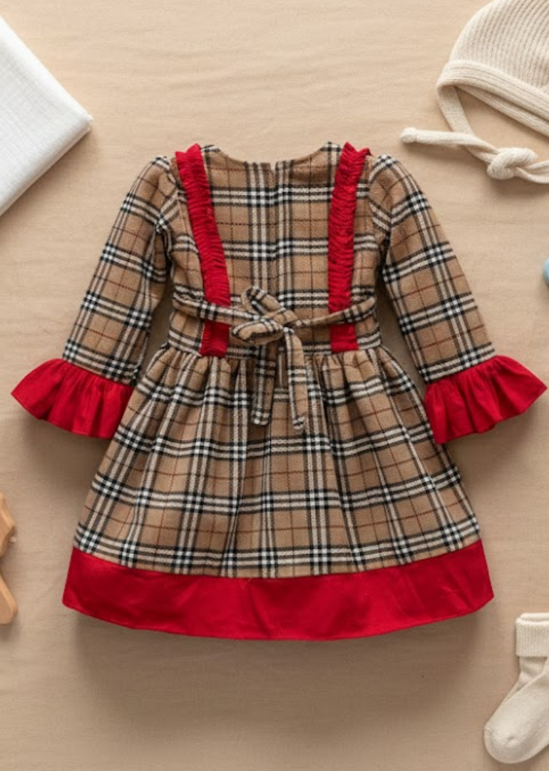 Beige Plaid Ruffle Dress with Red Accents