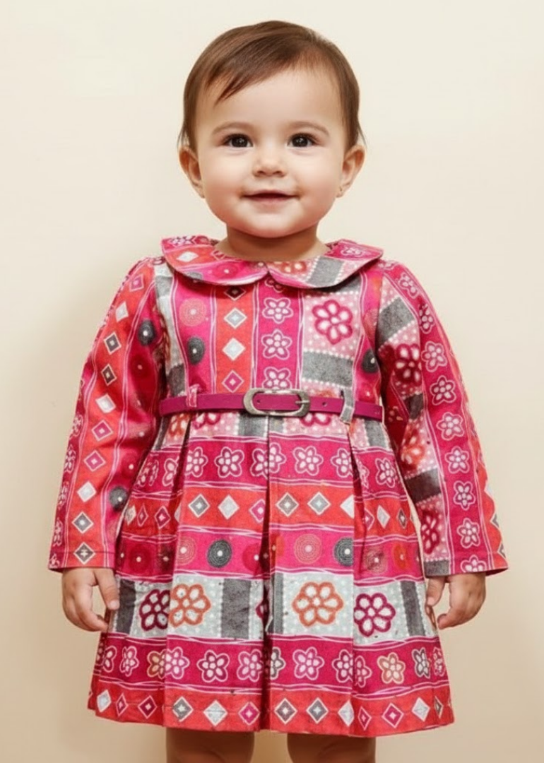 Multicolor Folk Print Dress with Belt