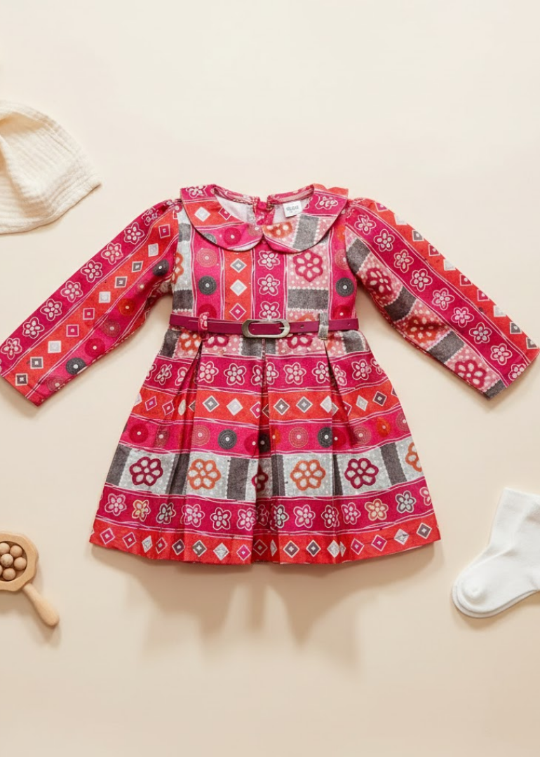 Multicolor Folk Print Dress with Belt