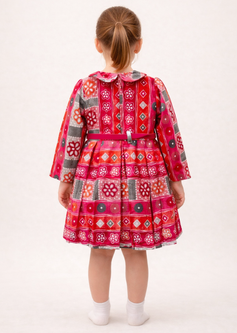 Multicolor Folk Print Dress with Belt