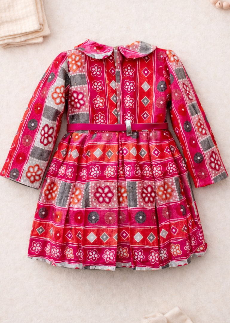 Multicolor Folk Print Dress with Belt