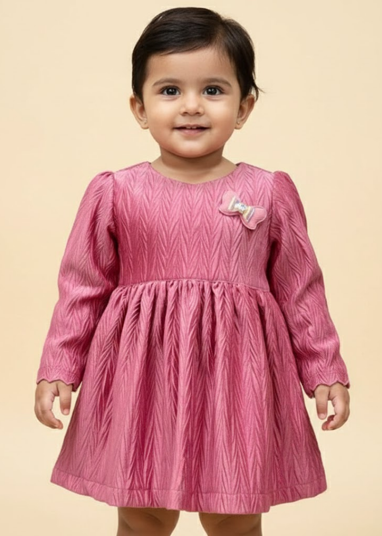 Rose Pink Textured Dress with Bow Detail