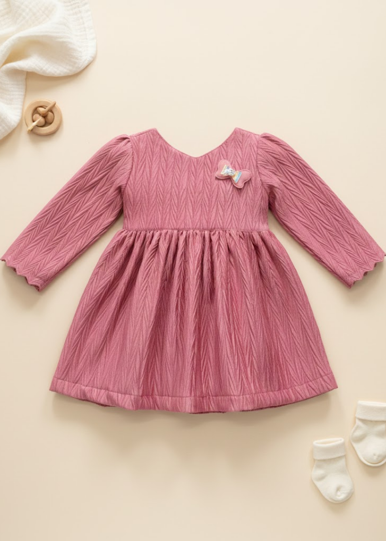 Rose Pink Textured Dress with Bow Detail