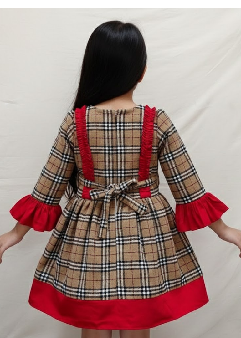 Beige Plaid Ruffle Dress with Red Accents