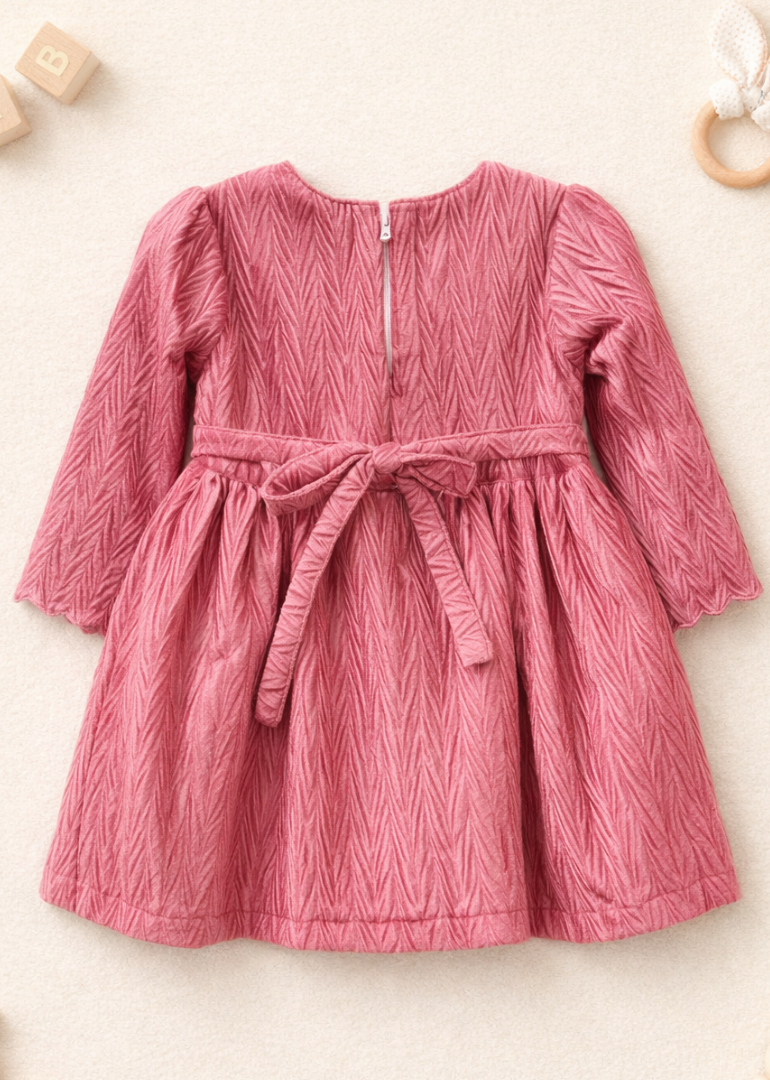 Rose Pink Textured Dress with Bow Detail