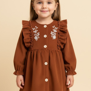 Rust Corduroy Dress with Embroidered Florals