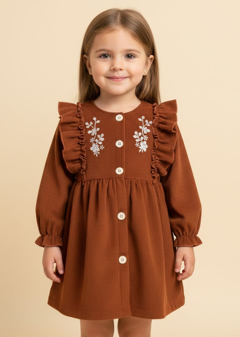 Rust Corduroy Dress with Embroidered Florals
