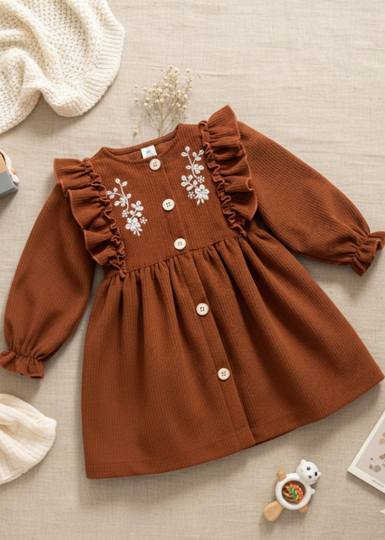 Rust Corduroy Dress with Embroidered Florals