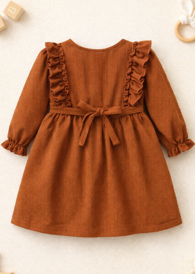 Rust Corduroy Dress with Embroidered Florals