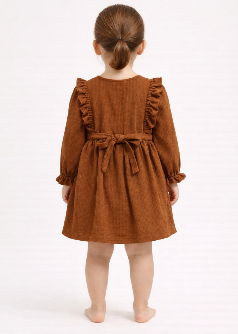 Rust Corduroy Dress with Embroidered Florals