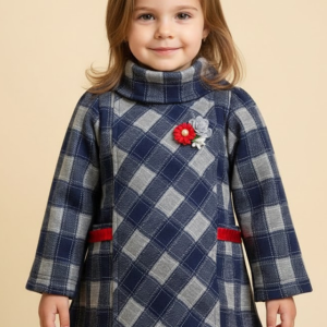 Navy Plaid Coat Dress with Red Accents