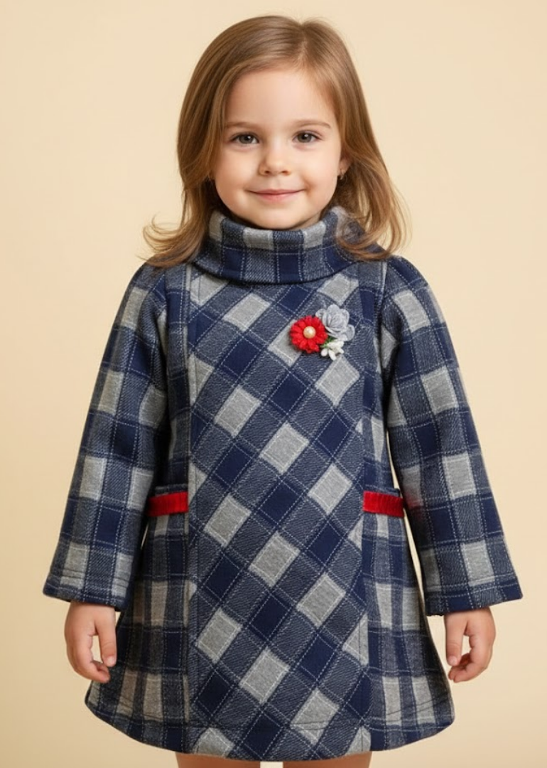 Navy Plaid Coat Dress with Red Accents