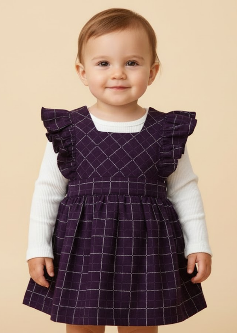 Deep Purple Windowpane Pinafore with White Turtleneck