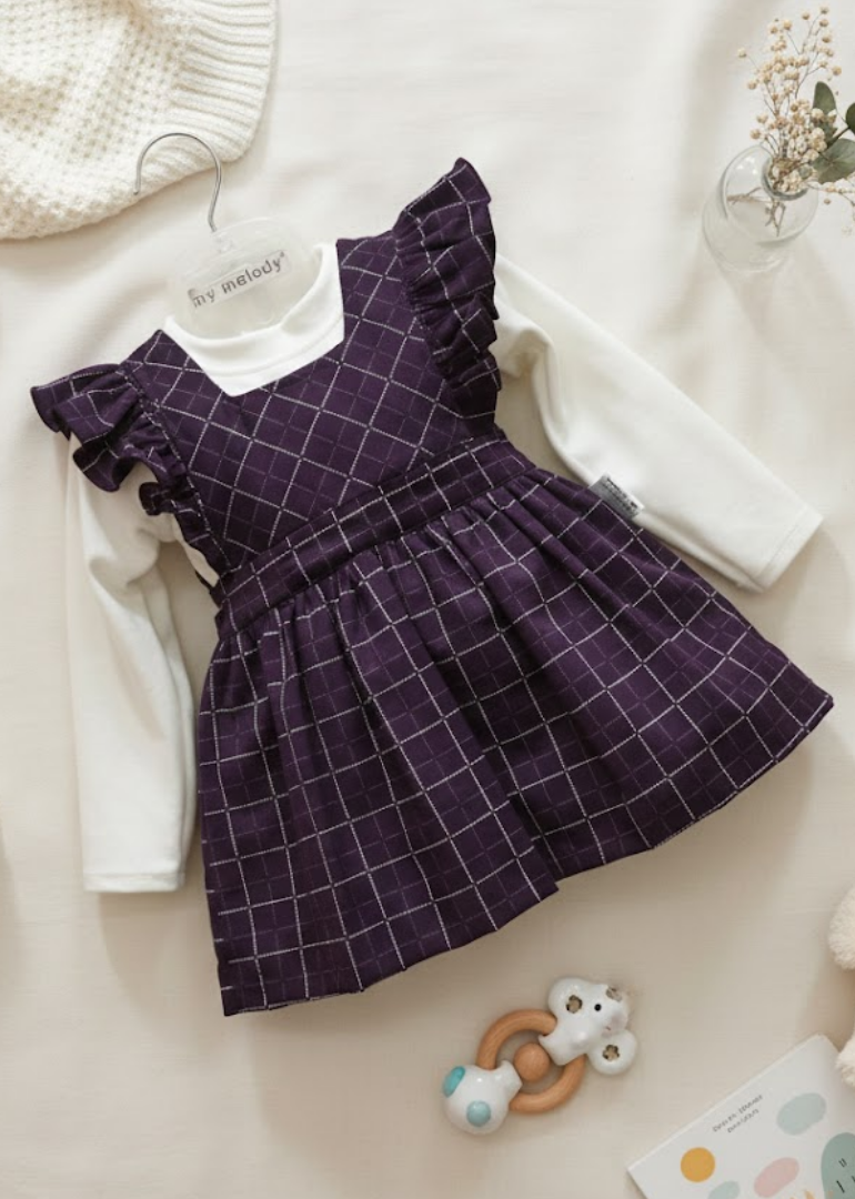 Deep Purple Windowpane Pinafore with White Turtleneck