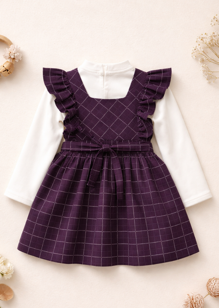 Deep Purple Windowpane Pinafore with White Turtleneck