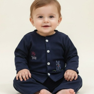 Navy Corduroy Pajama Set with Dog Embroidery