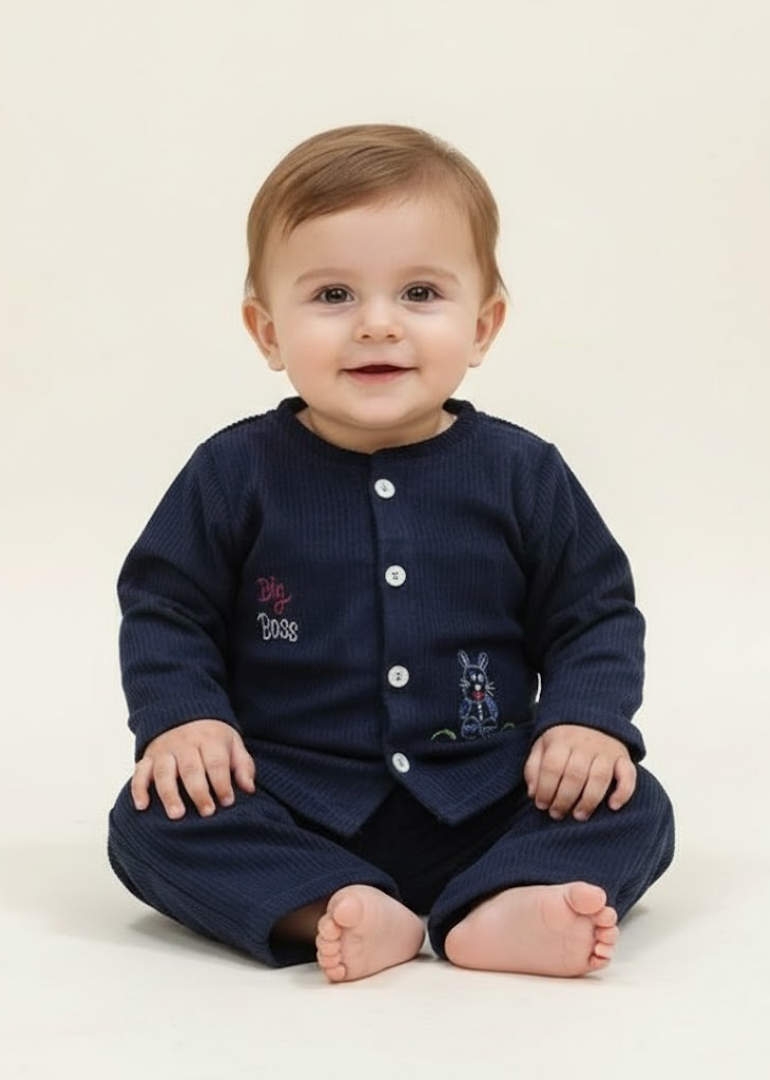 Navy Corduroy Pajama Set with Dog Embroidery