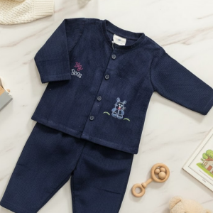 Navy Corduroy Pajama Set with Dog Embroidery