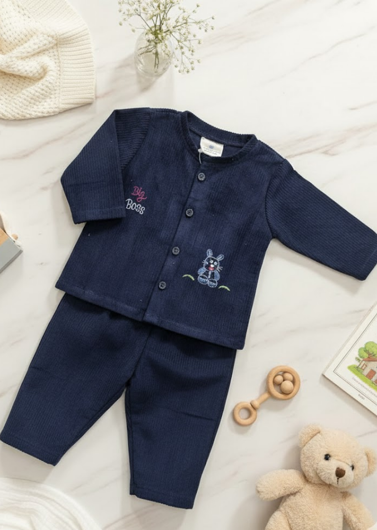 Navy Corduroy Pajama Set with Dog Embroidery