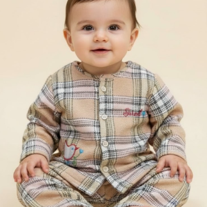 Beige Plaid Pajama Set with Embroidered Duck