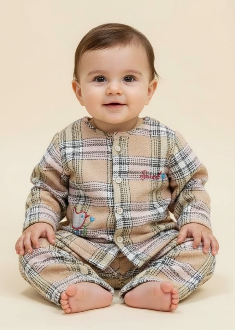Beige Plaid Pajama Set with Embroidered Duck