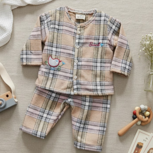 Beige Plaid Pajama Set with Embroidered Duck