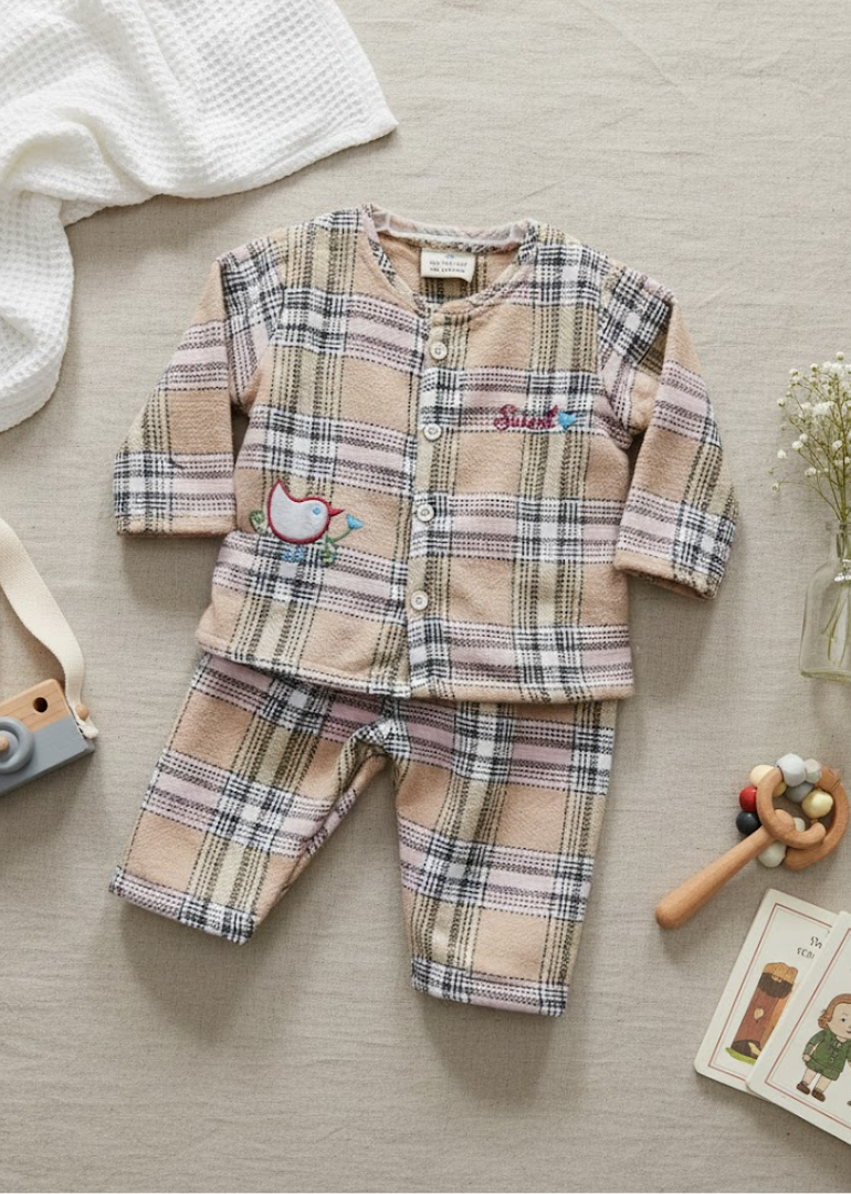 Beige Plaid Pajama Set with Embroidered Duck