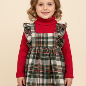 Classic Red Plaid Pinafore & Ruffle Knit Set