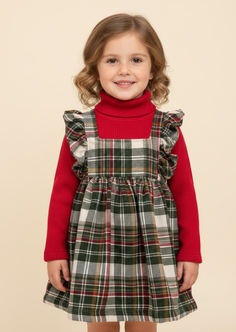 Classic Red Plaid Pinafore & Ruffle Knit Set