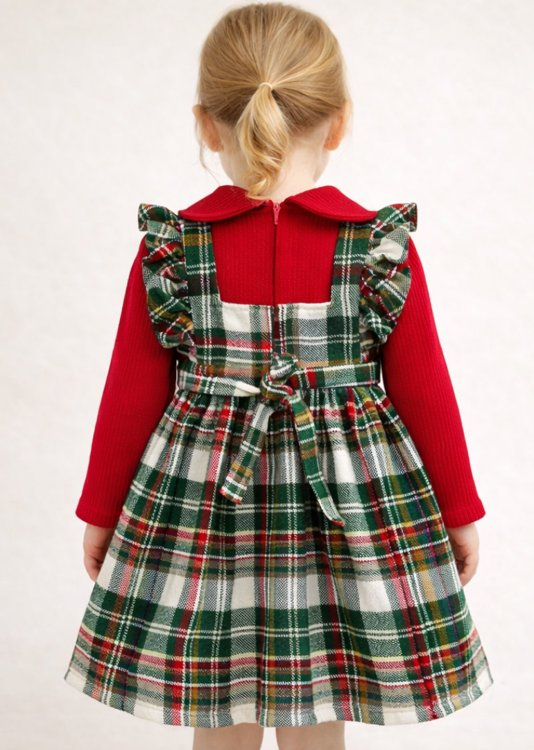 Classic Red Plaid Pinafore & Ruffle Knit Set