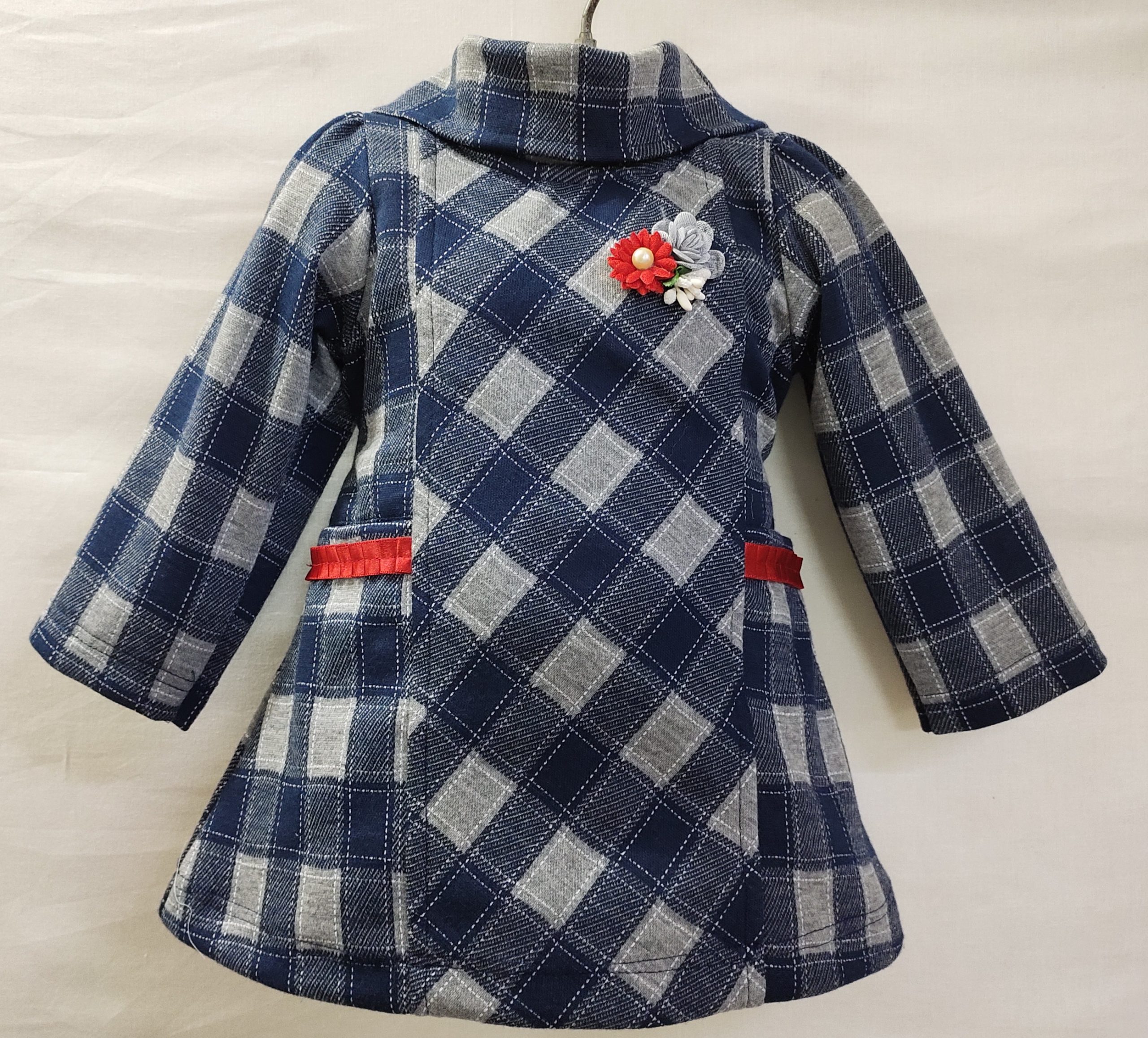 Navy Plaid Coat Dress with Red Accents