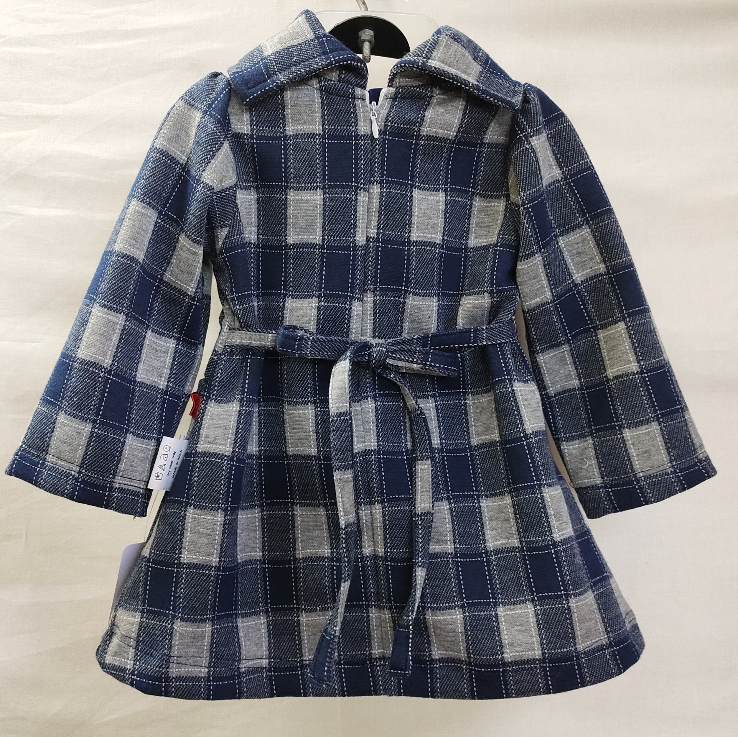 Navy Plaid Coat Dress with Red Accents