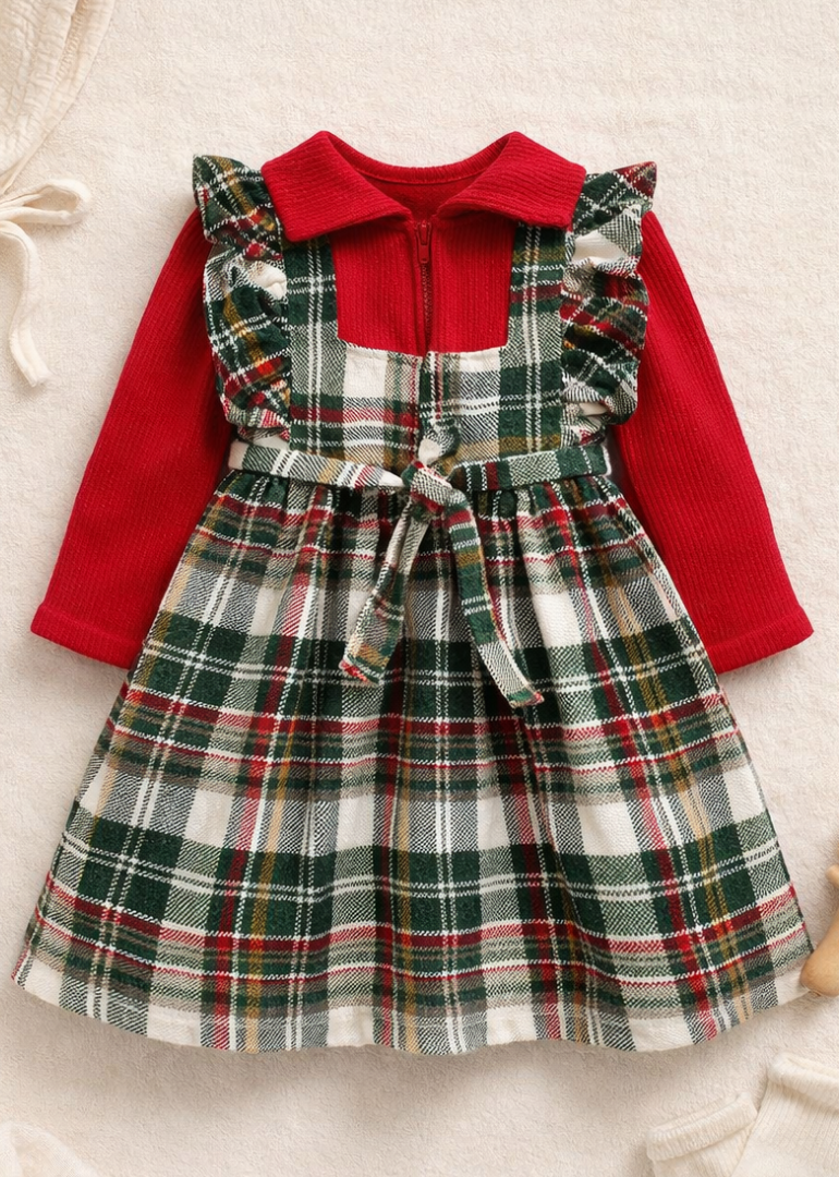 Classic Red Plaid Pinafore & Ruffle Knit Set